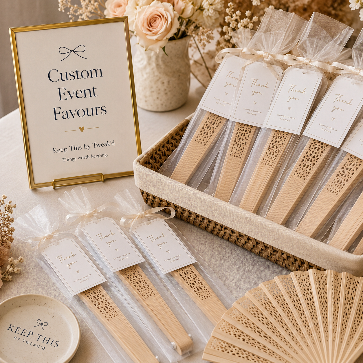 Custom packaged wooden fans prepared as event favours