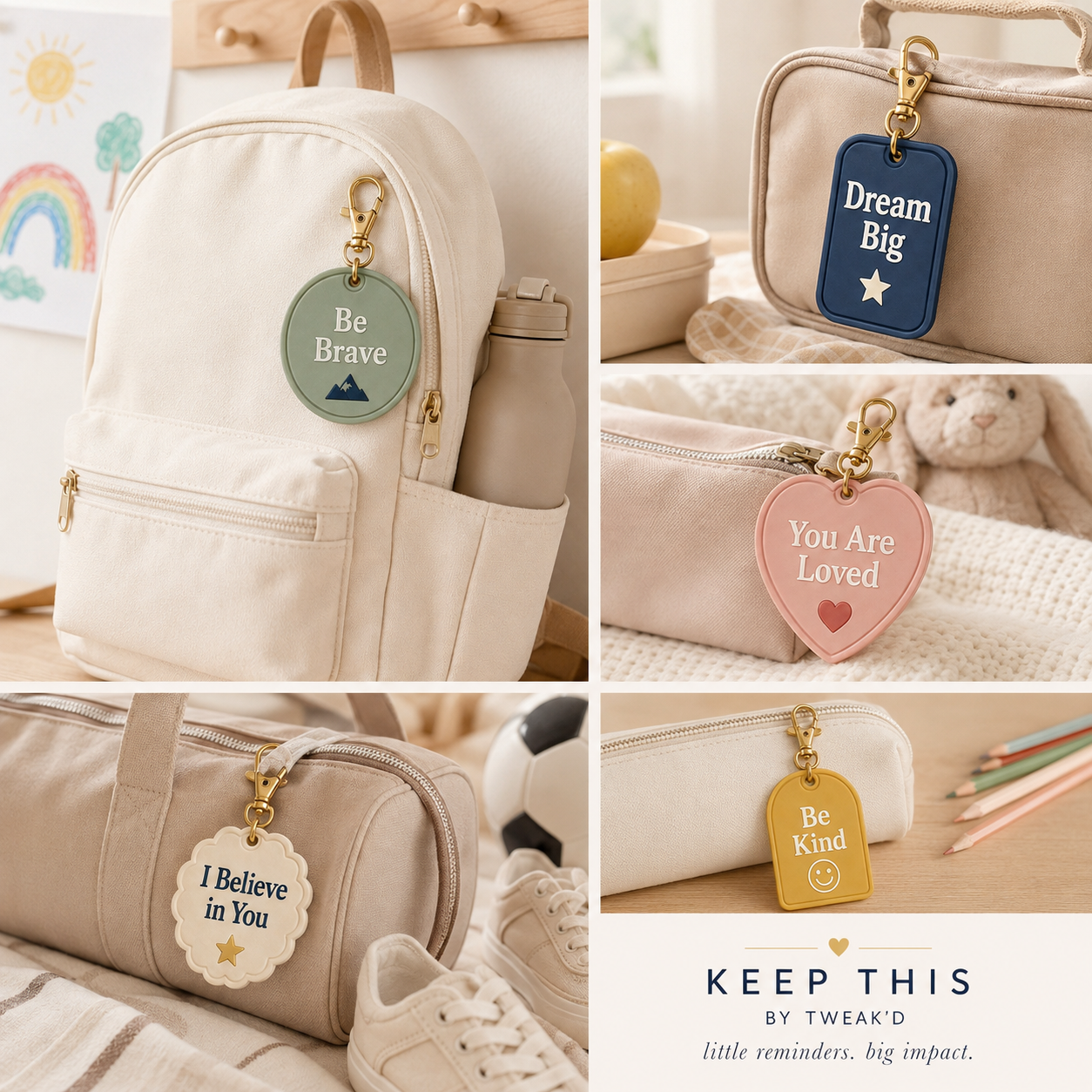 Personalized children’s bag tags in soft neutral colours